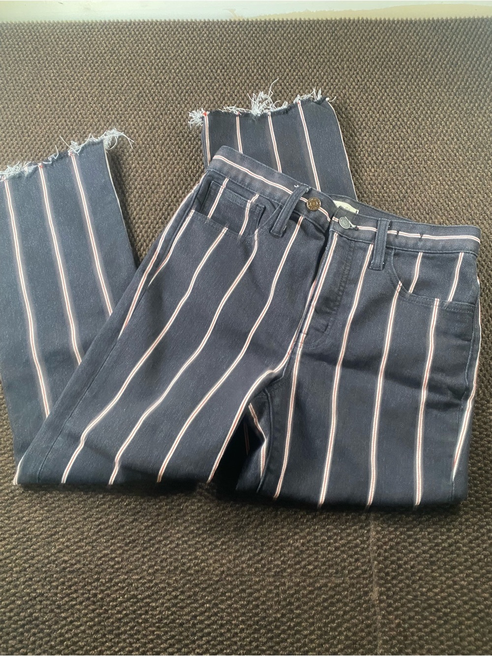 Madewell Navy Straight-Leg Jeans with Pink Pinstripes and Frayed Hem